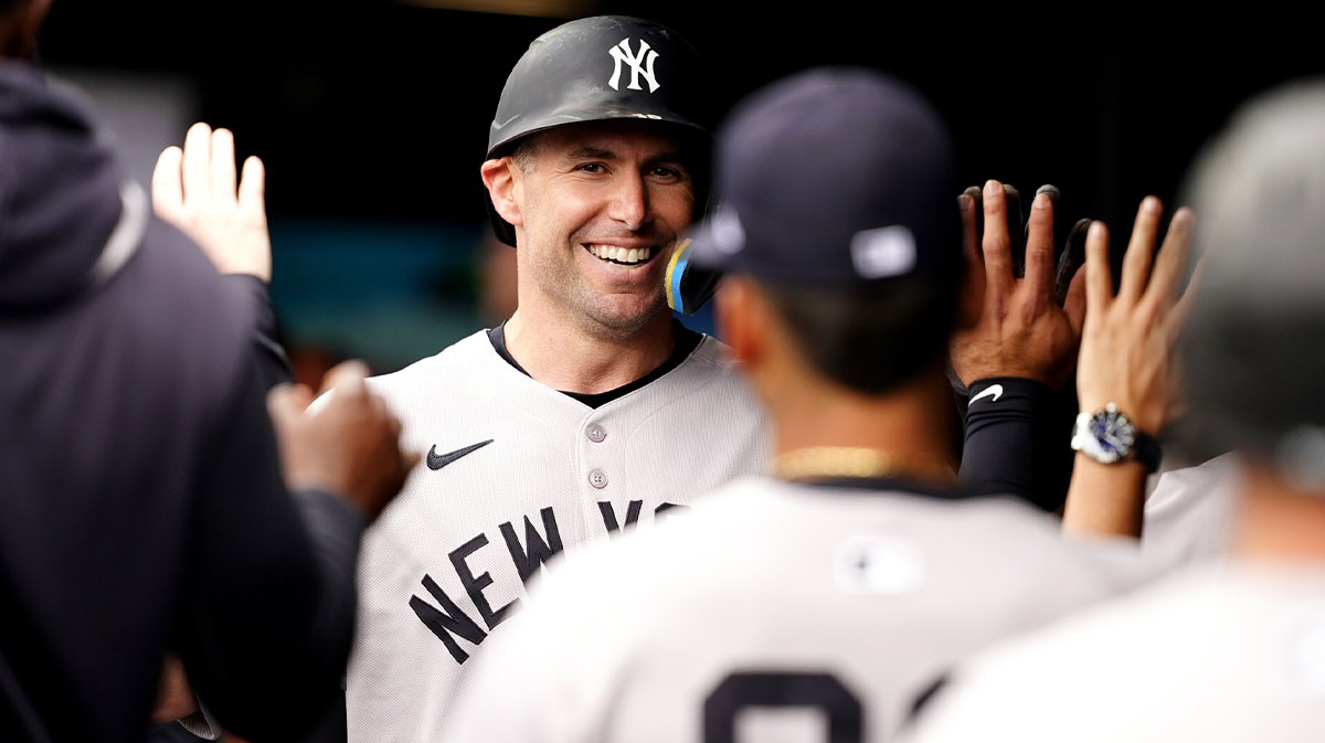 May 24, 2025; Denver, Colorado, USA; New York Yankees first base Paul Goldschmidt (48) celebrates scoring a run in the fifth inning against the Colorado Rockies at Coors Field.