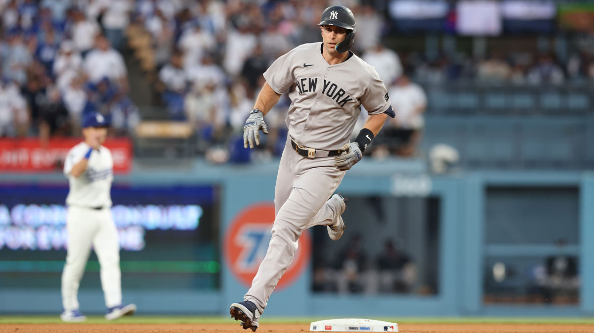 May 30, 2025; Los Angeles, California, USA; New York Yankees first baseman Paul Goldschmidt (48) rounds the bases after hitting a home run during the third inning against the Los Angeles Dodgers at Dodger Stadium. Mandatory Credit: Jason Parkhurst-Imagn Images