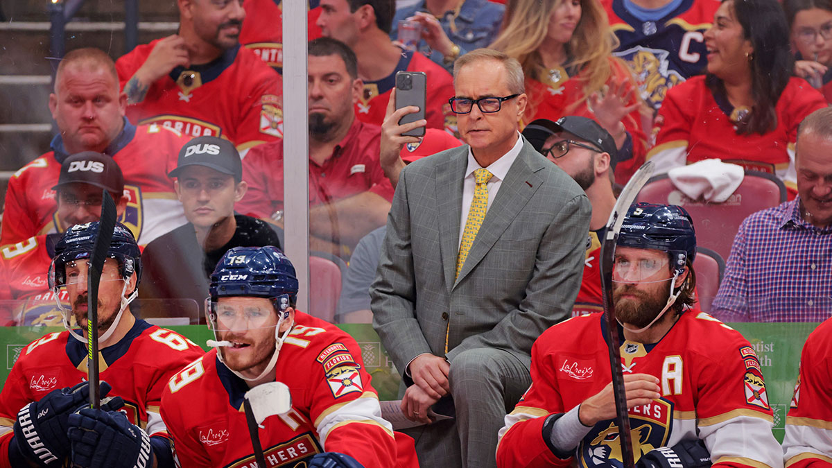 Florida Panthers head coach Paul Maurice reacts during the first period in game three of the Eastern Conference Final of the 2025 Stanley Cup Playoffs at Amerant Bank Arena.