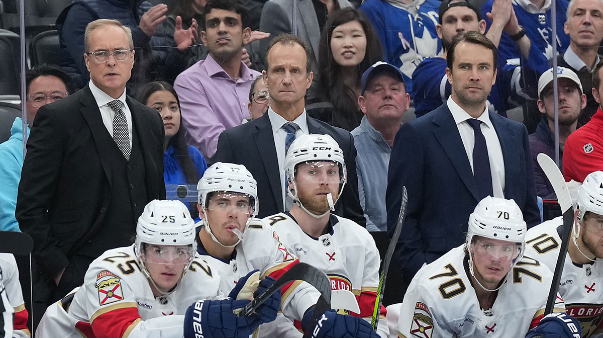 Florida Panthers head coach Paul Maurice (far left) watches the play against the Toronto Maple Leafs during the third period at Scotiabank Arena.