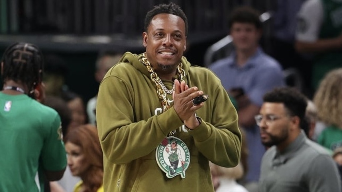 Boston Celtics former player Paul Pierce walks onto the court before game two of the 2024 NBA Finals between the Boston Celtics and the Dallas Mavericks at TD Garden.