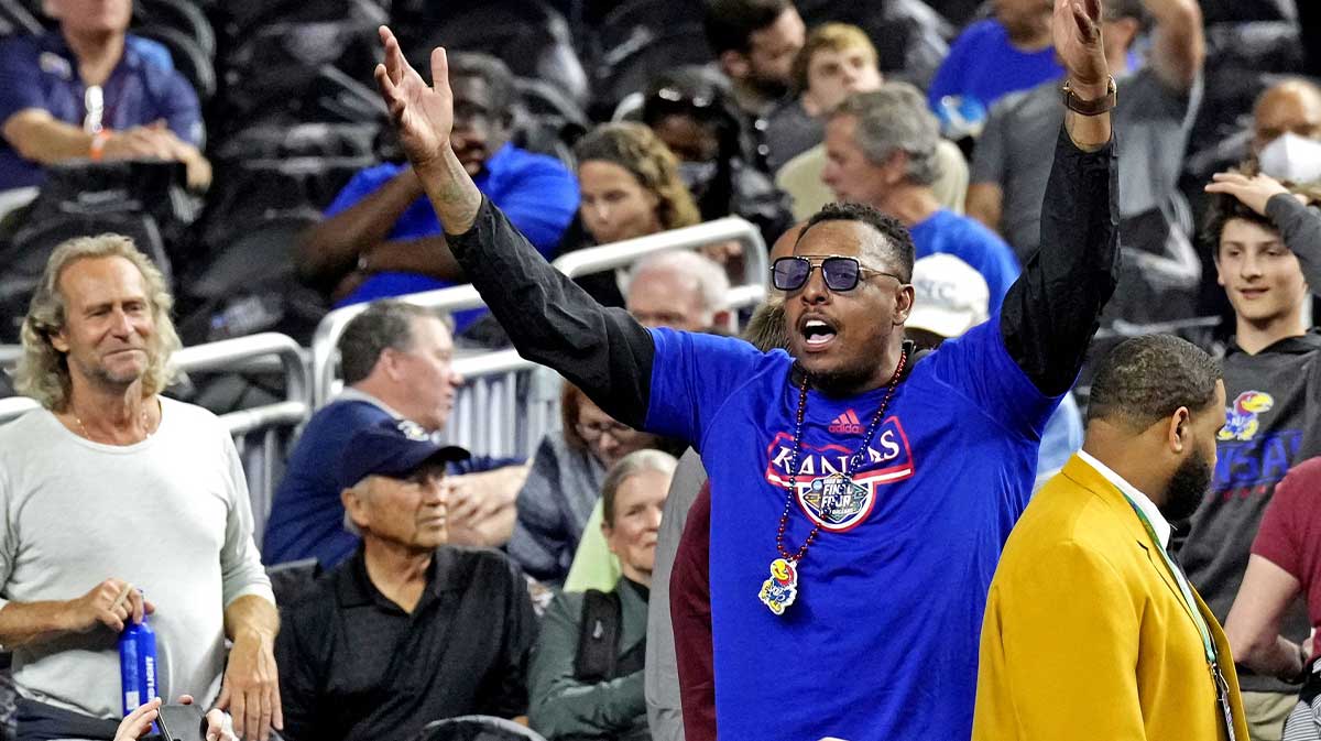 Kansas Jayhawks former player Paul Pierce cheers before the game between the Kansas Jayhawks and the North Carolina Tar Heels during the 2022 NCAA men's basketball tournament Final Four championship game at Caesars Superdome.