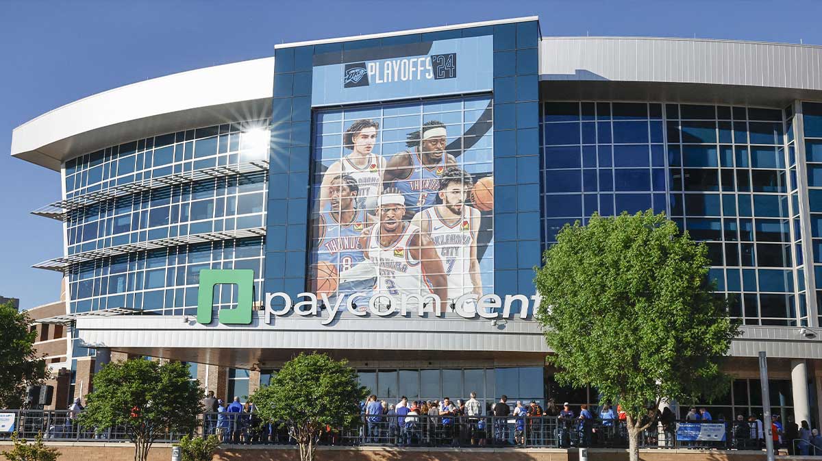 Oklahoma City Thunder fans wait to enter for the 2024 NBA playoffs round one game one game against the New Orleans Pelicans at Paycom Center.