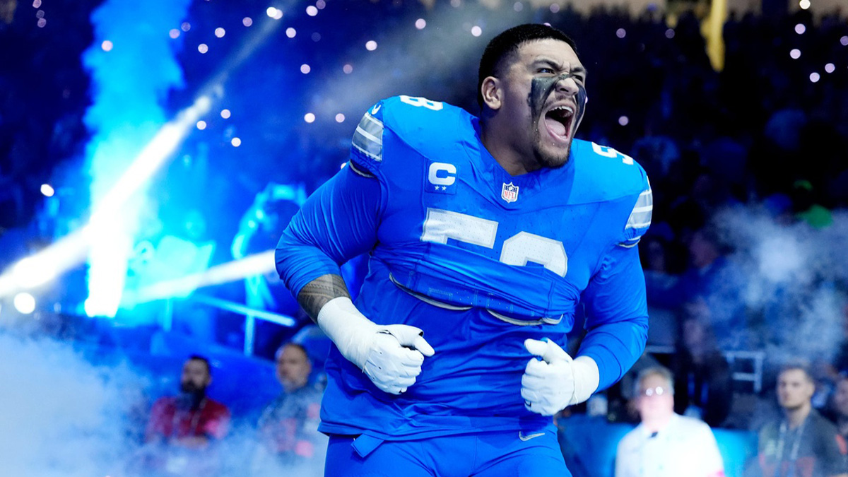 Detroit Lions offensive tackle Penei Sewell (58) is announced before the start of the game against the Washington Commanders in the NFC divisional round at Ford Field in Detroit on Saturday, Jan. 18, 2025.