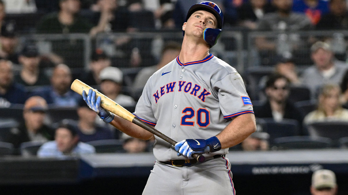 New York Mets first baseman Pete Alonso (20) reacts after striking out against the New York Yankees during the eighth inning at Yankee Stadium.