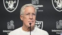 Las Vegas Raiders head coach Pete Carroll at a news conference introducing Ashton Jeanty as the first round draft pick in the 2025 NFL Draft at Intermountain Health Performance Center.