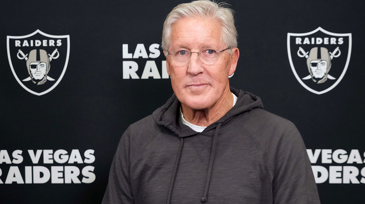 Las Vegas Raiders coach Pete Carroll on radio row during the NFL Scouting Combine at the Indiana Convention Center.