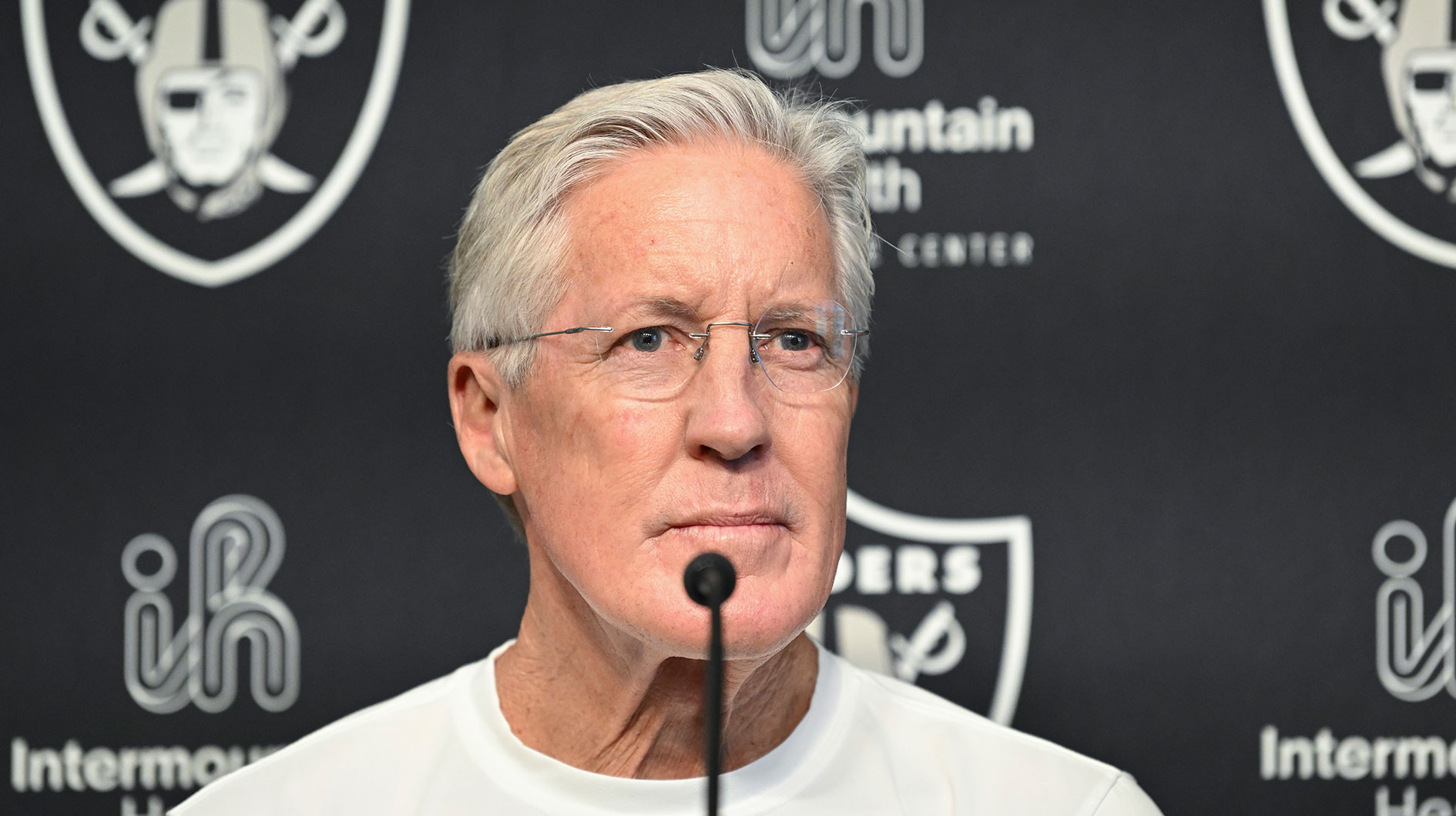 Las Vegas Raiders head coach Pete Carroll at a news conference introducing Ashton Jeanty as the first round draft pick in the 2025 NFL Draft at Intermountain Health Performance Center.