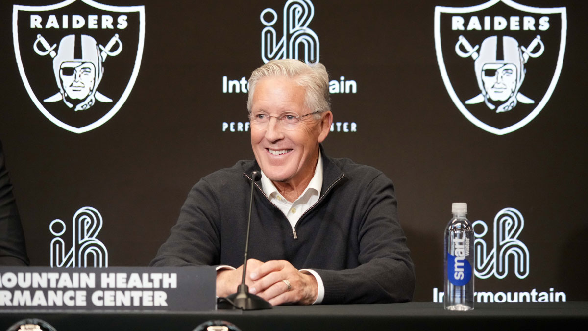 Jan 27, 2025; Las Vegas, NV, USA; Las Vegas Raiders coach Pete Carroll at press conference at Intermountain Health Performance Center. Mandatory Credit: Kirby Lee-Imagn Images. Raiders extend punter.