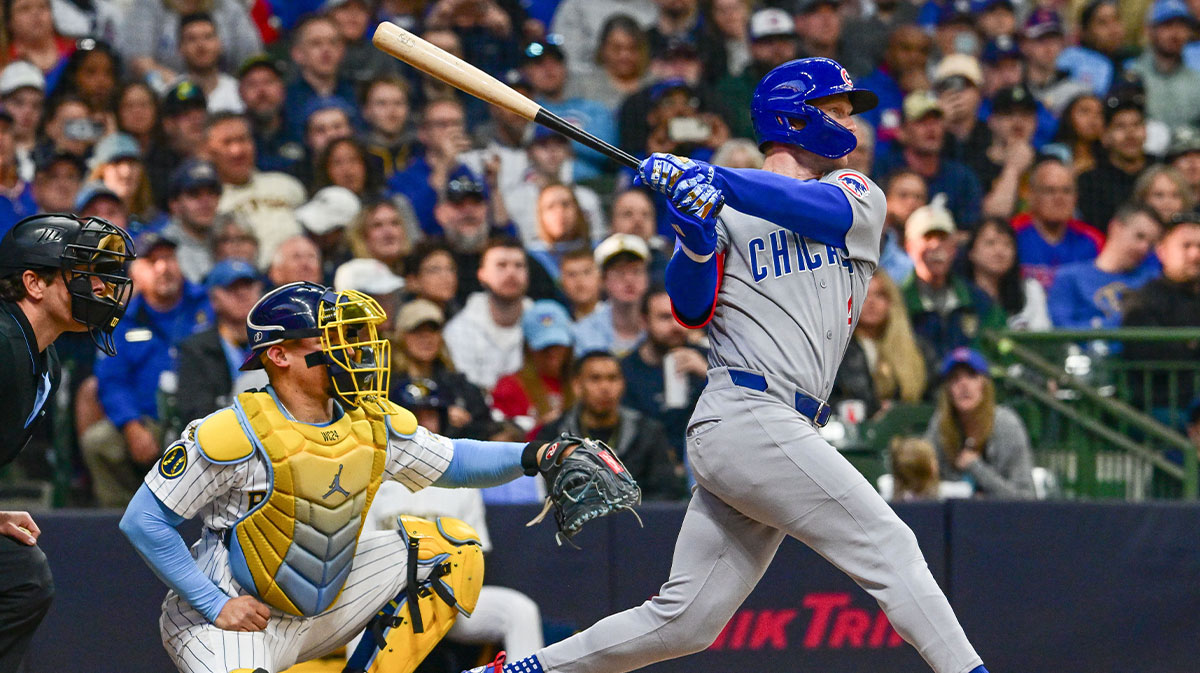 Chicago Cubs center fielder Pete Crow-Armstrong (4) hits a 3-run home run as Milwaukee Brewers catcher William Contreras (24) looks on in the fourth inning at American Family Field.