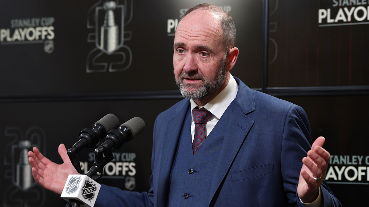 Dallas Stars head coach Pete DeBoer talks to media after their loss to the Winnipeg Jets in game two of the second round of the 2025 Stanley Cup Playoffs at Canada Life Centre.