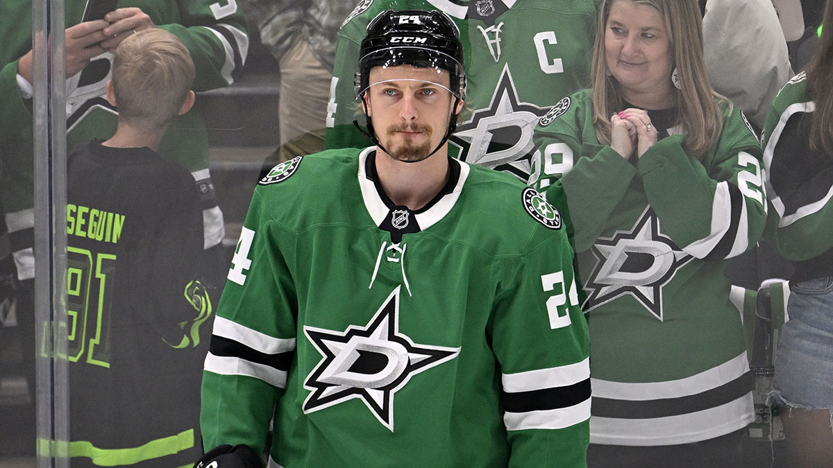 Dallas Stars center Roope Hintz (24) practices before game two of the Western Conference Final of the 2025 Stanley Cup Playoffs at American Airlines Center.