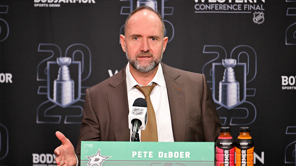 Dallas Stars head coach Pete DeBoer speaks to the media after the game against the Edmonton Oilers in game five of the Western Conference Final of the 2025 Stanley Cup Playoffs at American Airlines Center.