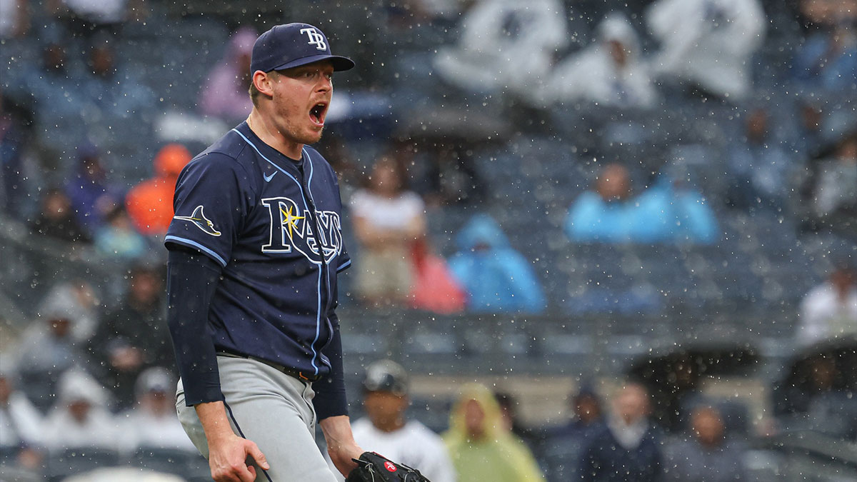 Tampa Bay Rays relief pitcher Pete Fairbanks (29) reacts after striking out the side to close the ninth inning against the New York Yankees at Yankee Stadium.