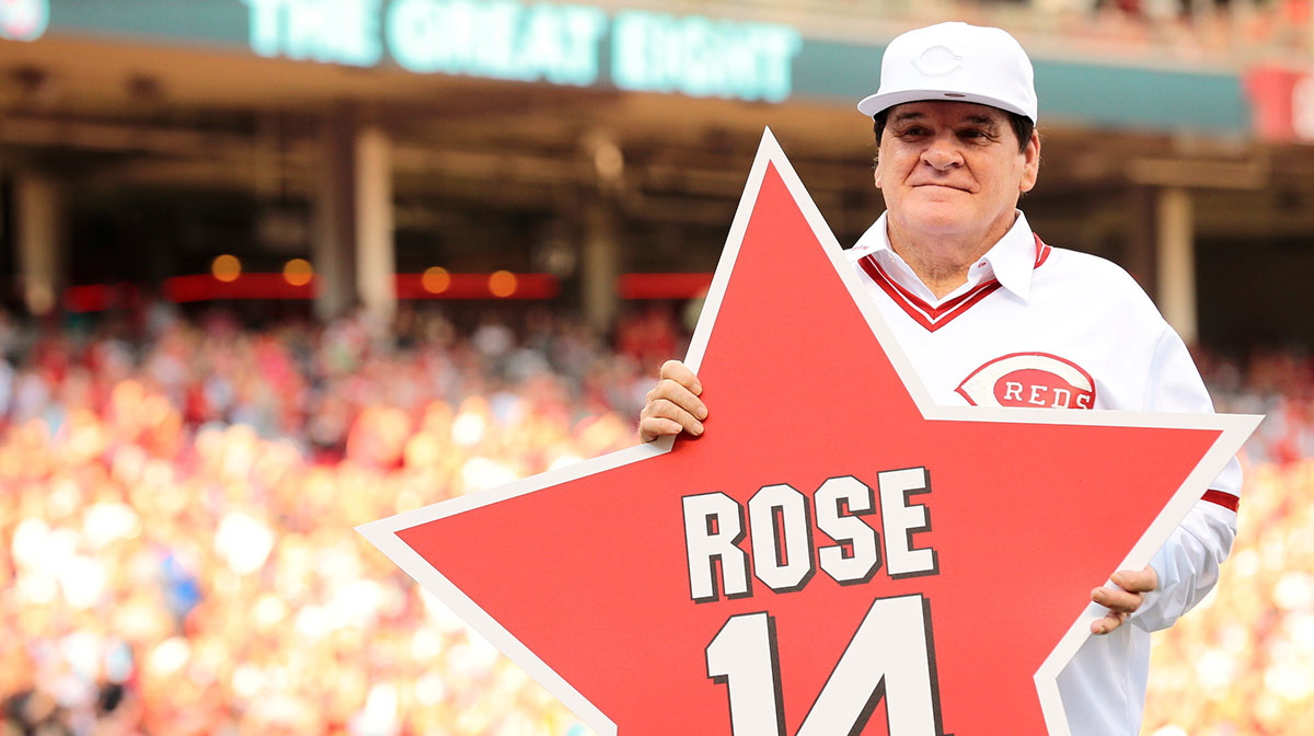 Reds great Pete Rose holds a star bearing his name before the MLB National League game between the Cincinnati Reds and the San Diego Padres at Great American Ball Park in downtown Cincinnati on Friday, June 24, 2016.