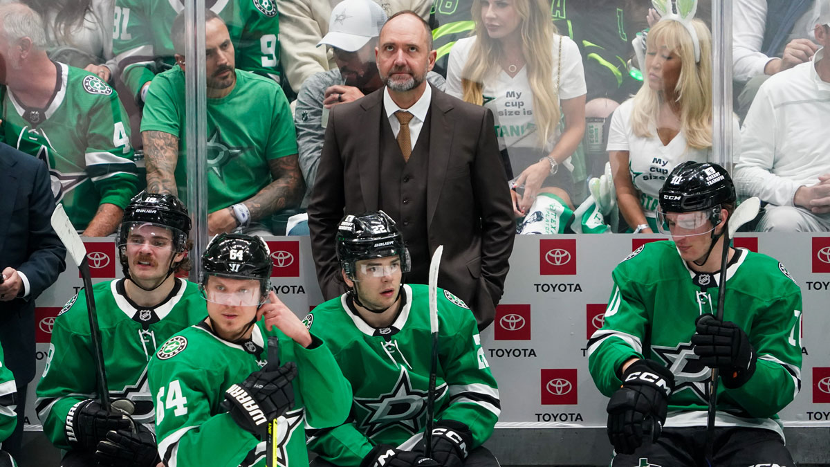 Dallas Stars head coach Peter DeBoer on the bench during the second period in game one of the first round of the 2025 Stanley Cup Playoffs against the Colorado Avalanche at American Airlines Cente