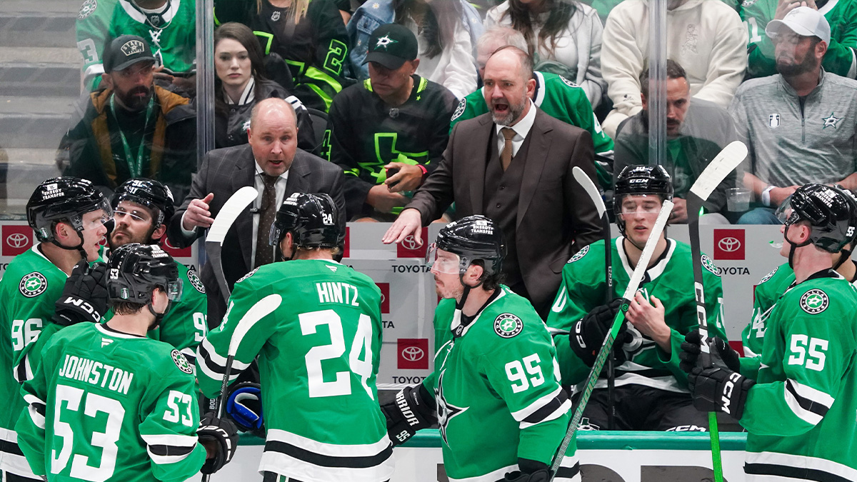 Dallas Stars head coach Peter DeBoer talks with his team during the third period in game one of the first round of the 2025 Stanley Cup Playoffs against the Colorado Avalanche at American Airlines Center.