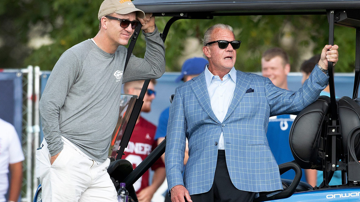 Peyton Manning talks to Indianapolis Colts owner Jim Irsay during their joint practice against the Cleveland Browns at Grand Park in Westfield on Thursday, August 15, 2019. Colts Preseason Training Camp