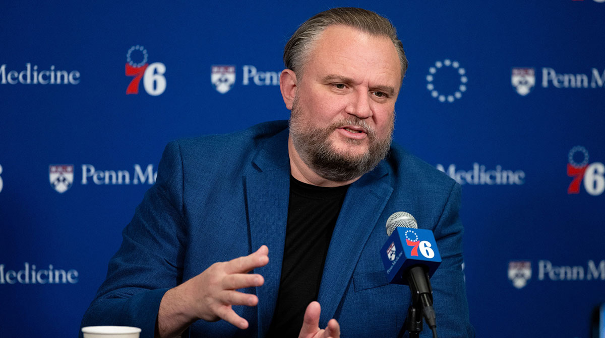 Philadelphia 76ers resident of Basketball Operations Daryl Morey speaks with the media before a game against the Detroit Pistons at Wells Fargo Center.