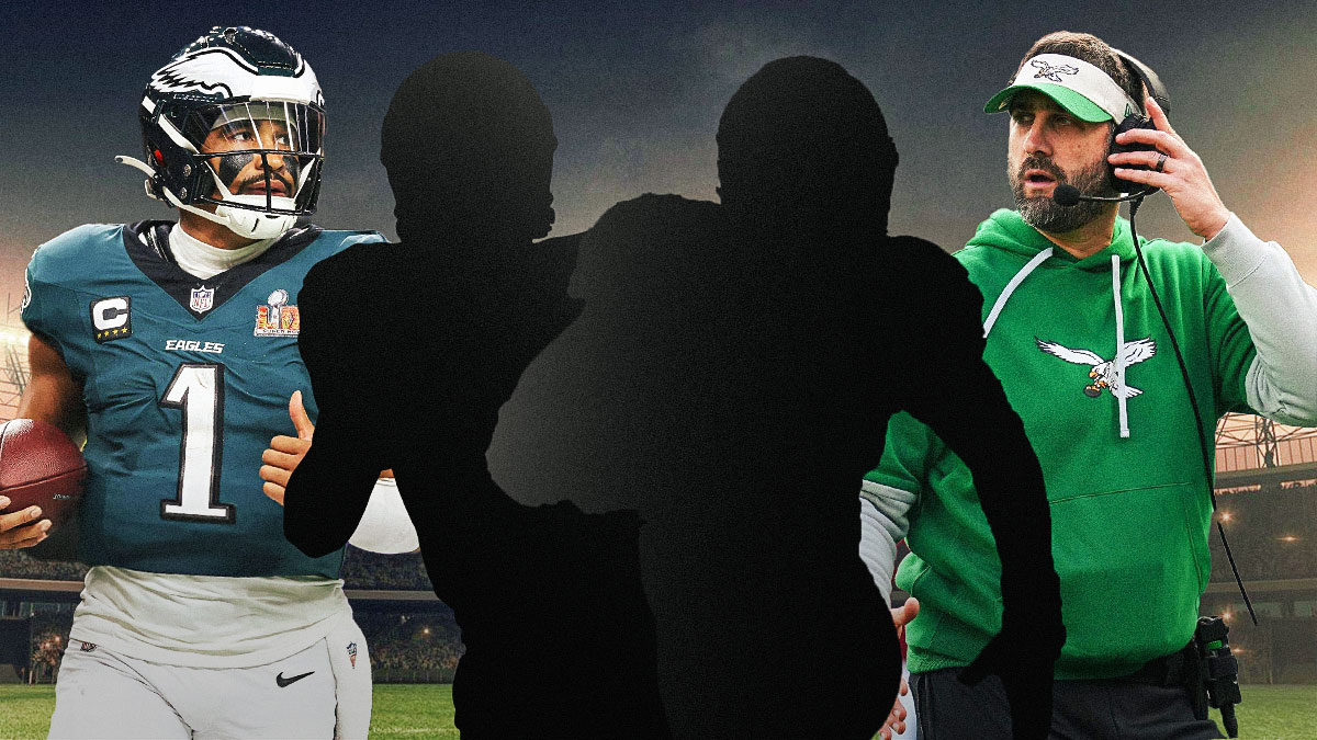 Two mystery players in the middle, Jalen Hurts and coach Nick Sirianni around them, Philadelphia Eagles wallpaper in the background