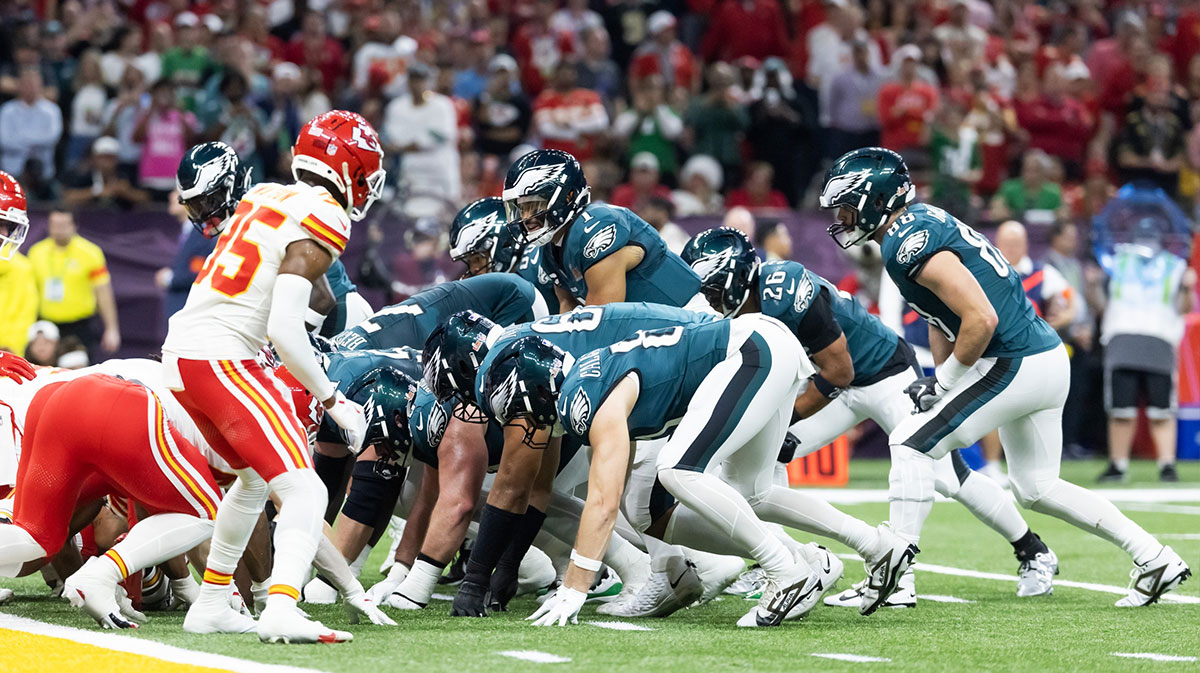 Philadelphia Eagles quarterback Jalen Hurts (1) lines up for the tush push play on the goal line against the Kansas City Chiefs during Super Bowl LIX at Ceasars Superdome.