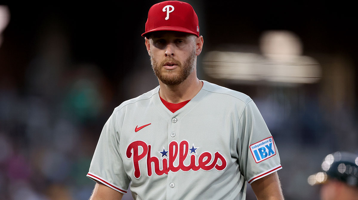 Philadelphia Phillies starting pitcher Zack Wheeler (45) walks back towards the dugout after the fourth inning against the Athletics at Sutter Health Park.