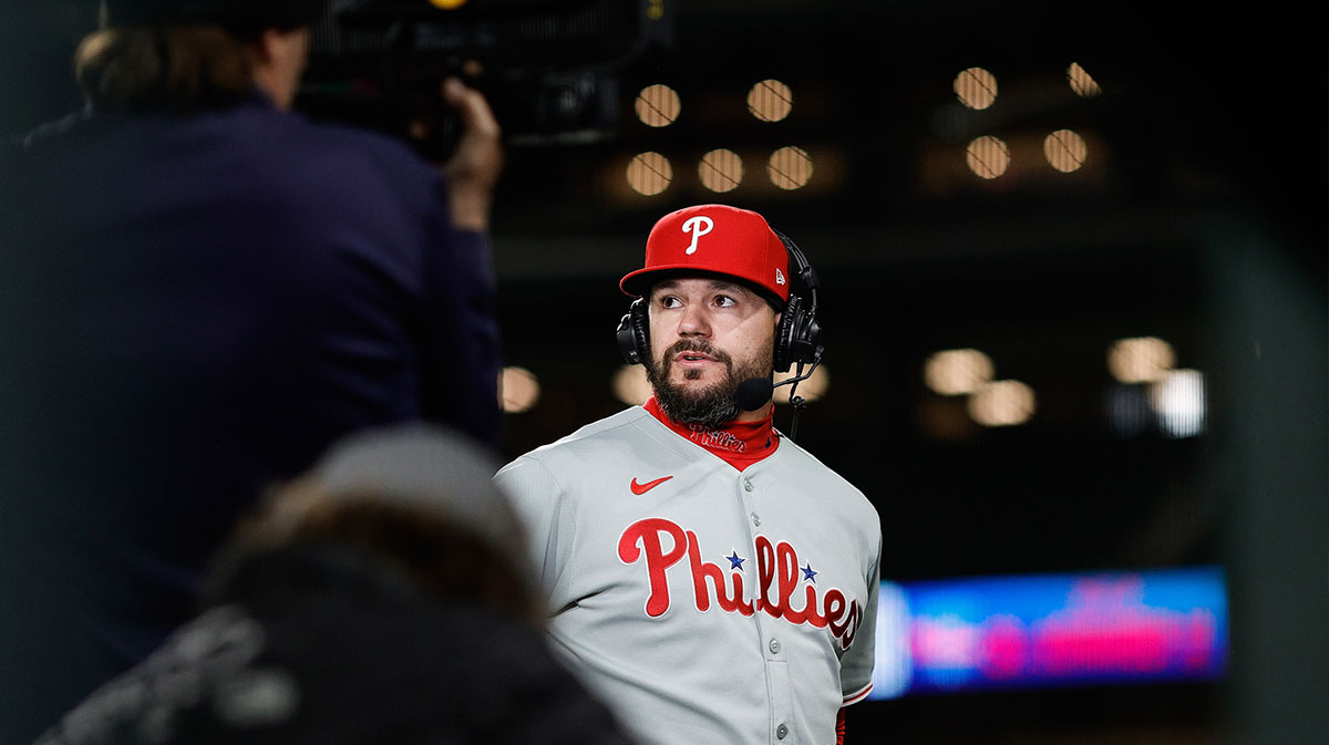 Philadelphia Phillies designated hitter Kyle Schwarber (12) is interviewed after the game against the Colorado Rockies at Coors Field.