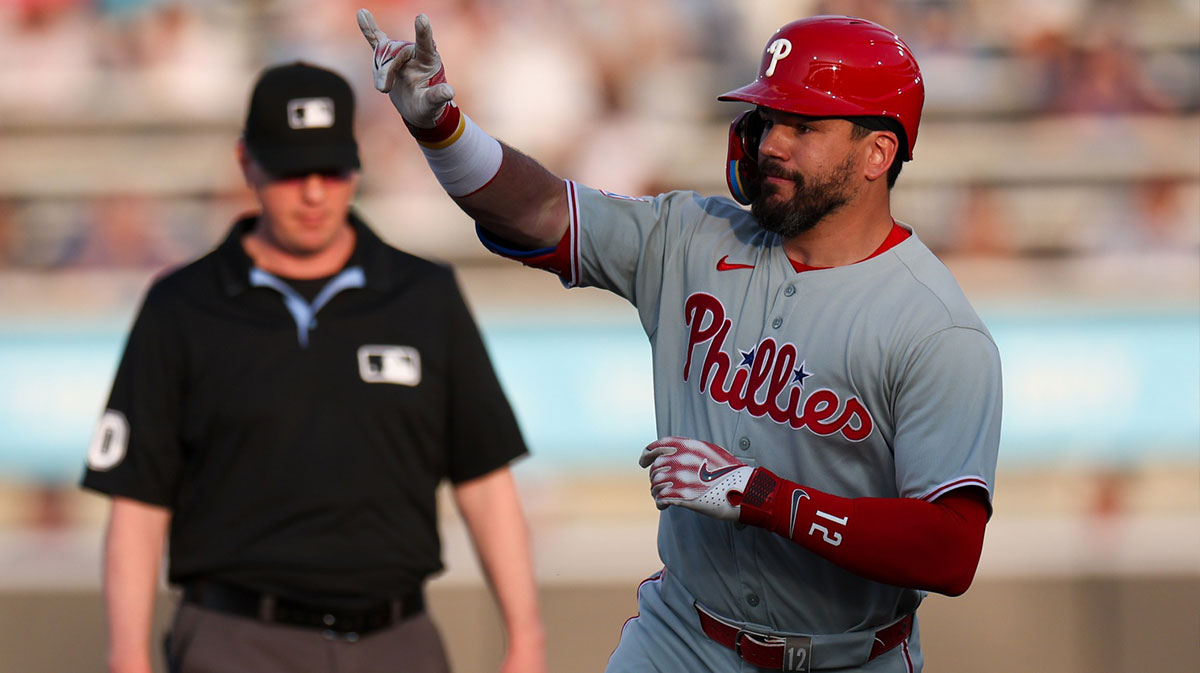 Philadelphia Phillies designated hitter Kyle Schwarber (12) runs the bases after hitting a solo home runagainst the Tampa Bay Rays in the first inning at George M. Steinbrenner Field.