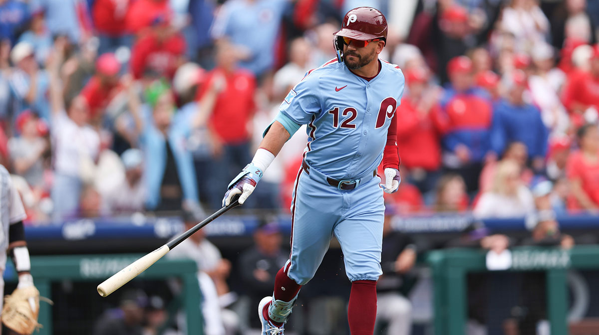 Philadelphia Phillies designated hitter Kyle Schwarber (12) hits a home run during the seventh inning against the Colorado Rockies at Citizens Bank Park.