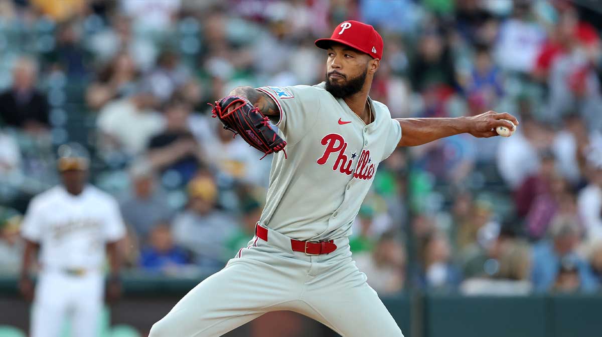 Philadelphia Phillies starting pitcher Cristopher Sanchez (61) throws a pitch against the Athletics during the first inning at Sutter Health Park.