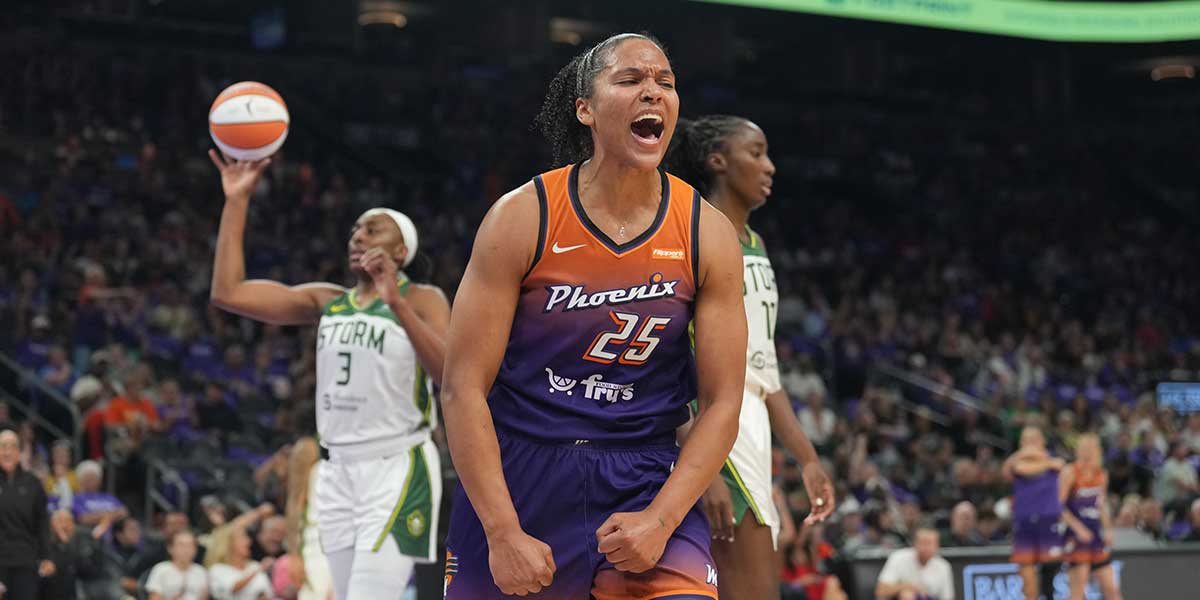 Phoenix Mercury forward Alyssa Thomas (25) reacts after making a basket against the Seattle Storm during the second half at Footprint Center.