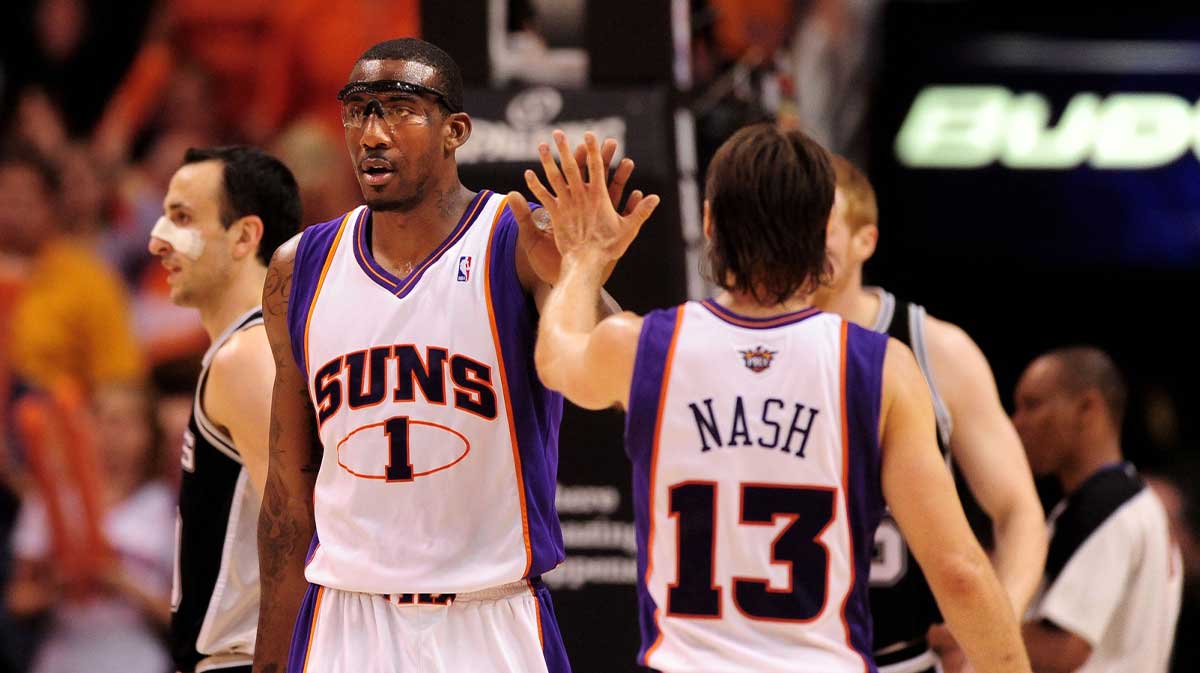 Phoenix Suns forward (1) Amare Stoudemire celebrates a shot with guard (13) Steve Nash against the San Antonio Spurs in game one in the western conference semifinals of the 2010 NBA playoffs at the US Airways Center. The Suns defeated the Spurs 111-102.