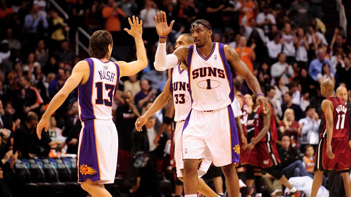 Phoenix Suns guard (13) Steve Nash celebrates with forward (1) Amare Stoudemire against the Miami Heat at the US Airways Center. Miami defeated Phoenix 109-105.
