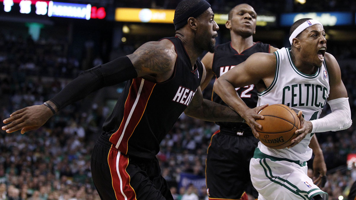 Boston Celtics small forward Paul Pierce (34) drives the ball against Miami Heat small forward LeBron James (6) during the second half in game four of the Eastern Conference finals of the 2012 NBA playoffs at TD Garden. Boston won 93-91.
