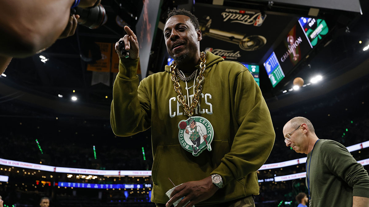 Boston Celtics former player Paul Pierce looks into a video camera on the court before game two of the 2024 NBA Finals between the Boston Celtics and the Dallas Mavericks at TD Garden.