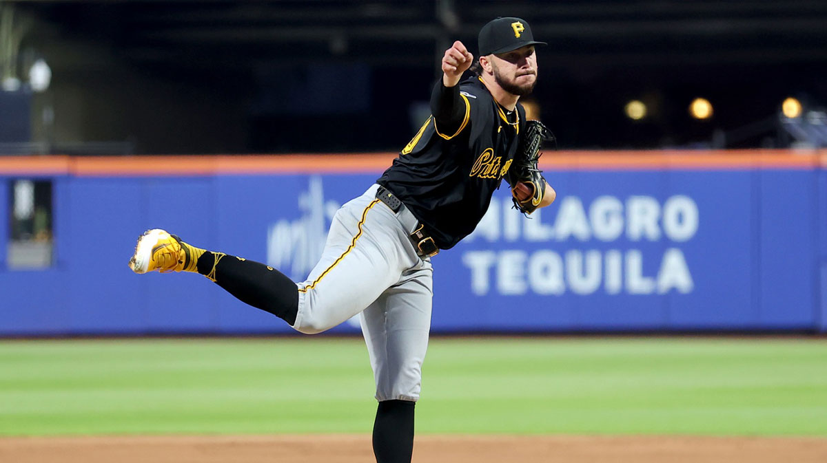 Pittsburgh Pirates starting pitcher Paul Skenes (30) follows through on a pitch against the New York Mets during the third inning at Citi Field.