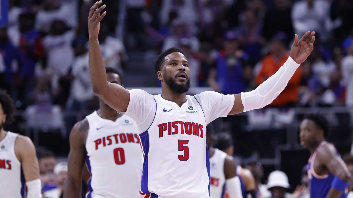 Detroit Pistons guard Malik Beasley (5) fires up the crowd in the first half against the New York Knicks during game six of first round for the 2024 NBA Playoffs at Little Caesars Arena.