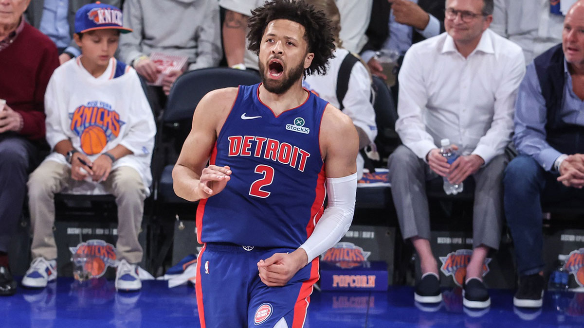 Detroit Pistons guard Cade Cunningham (2) celebrates after scoring in the third quarter against the New York Knicks during game five of first round for the 2025 NBA Playoffs at Madison Square Garden.