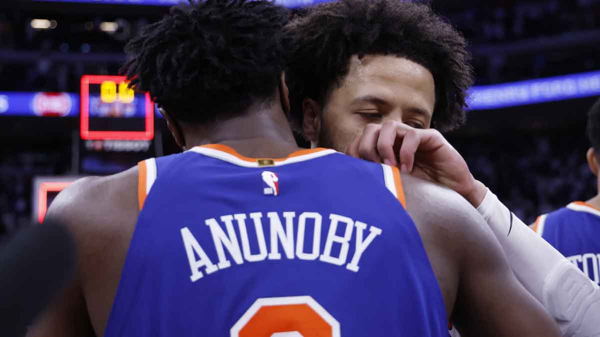 New York Knicks forward OG Anunoby (8) hugs Detroit Pistons guard Cade Cunningham (2) after the game during game six of first round for the 2024 NBA Playoffs at Little Caesars Arena