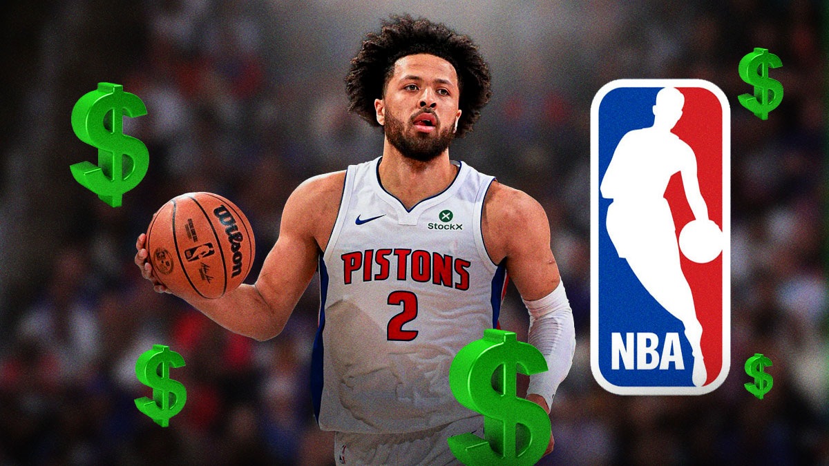 Cade Cunningham at LCA, NBA logo, with dollar sign emojis around