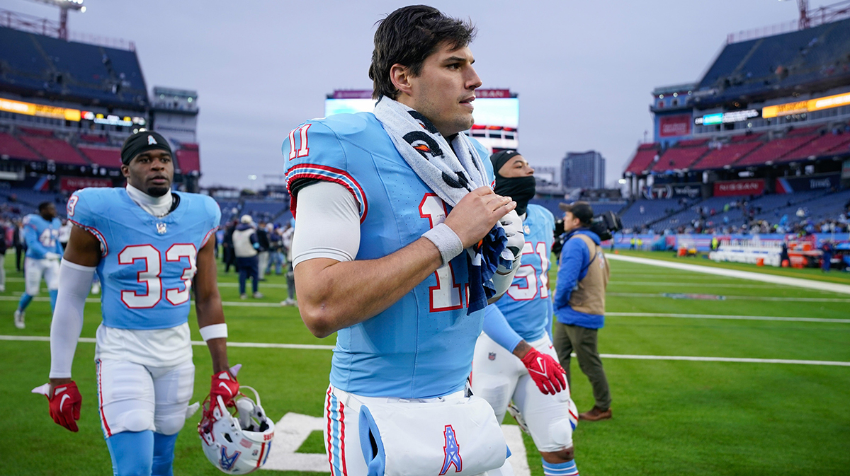 Tennessee Titans quarterback Mason Rudolph (11) leaves the field after the game with the Houston Texans at Nissan Stadium in Nashville, Tenn., Sunday, Jan. 5, 2025.