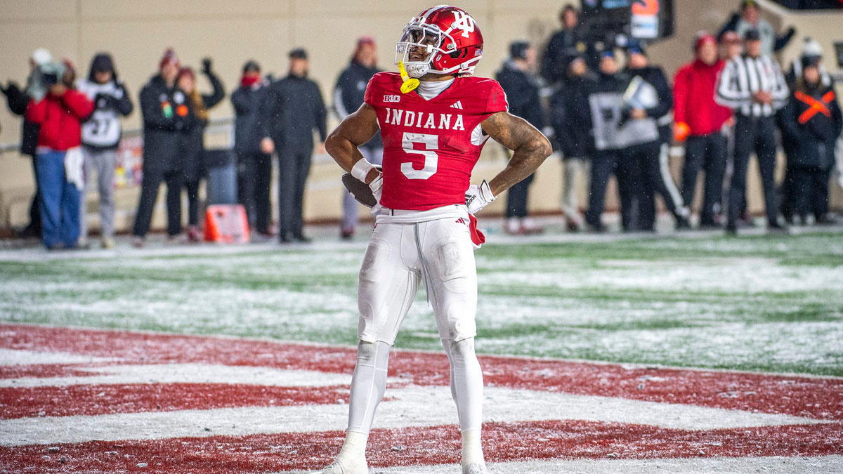Indiana's Ke'Shawn Williams (5) celebrates his touchdown during the Indiana versus Purdue football game at Memorial Stadium on Saturday, Nov. 30, 2024.