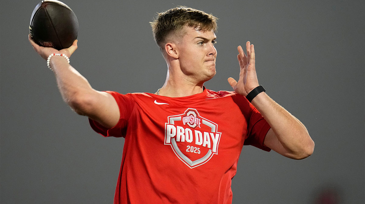 Ohio State Buckeyes quarterback Will Howard throws during the pro day for NFL scouts.