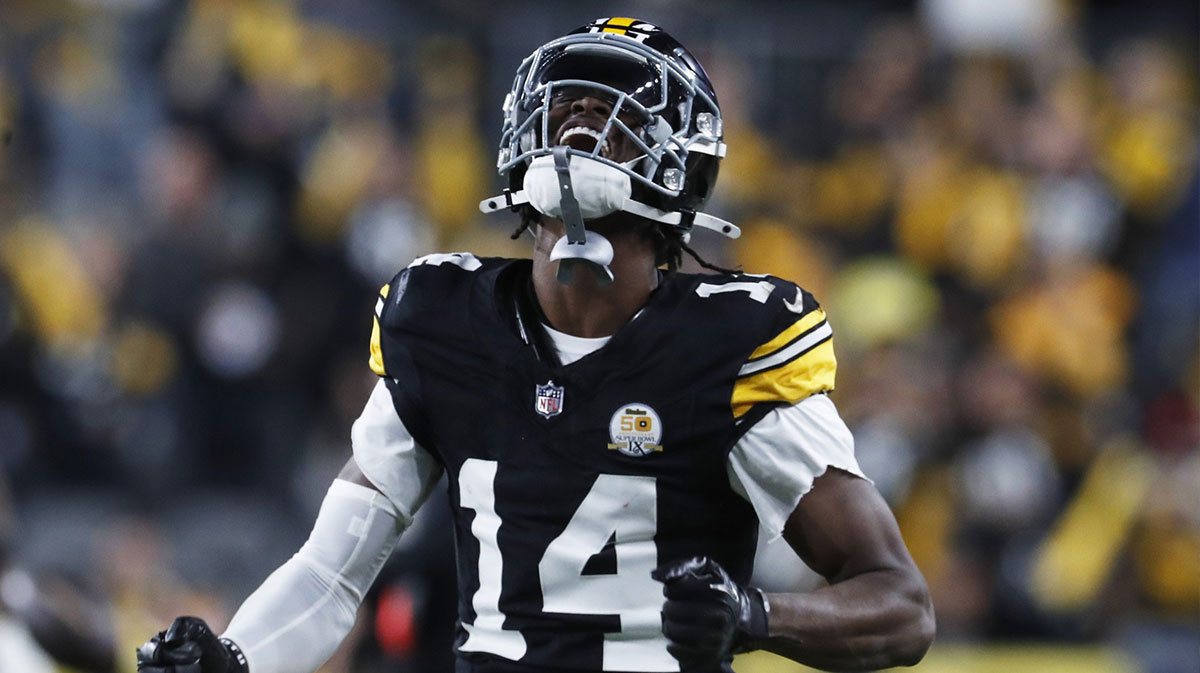 Pittsburgh Steelers wide receiver George Pickens (14) reacts after making a catch against the New York Jets during the second quarter at Acrisure Stadium.