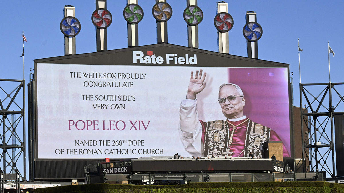 The Chicago White Sox displayed a scoreboard announcement of Pope Leo XIV before the game against the Miami Marlins at Rate Field.