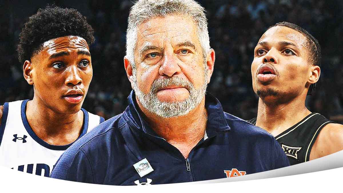 Auburn basketball coach Bruce Pearl in the middle, Tahaad Pettiford on one side and UCF player Keyshawn Hall on the other side.