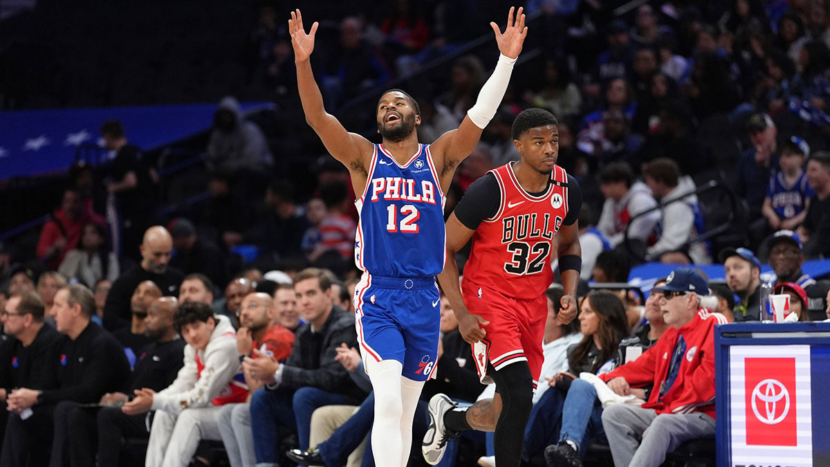 Philadelphia 76ers guard Quentin Grimes (5) reacts after scoring against the Chicago Bulls in the fourth quarter at Wells Fargo Center.