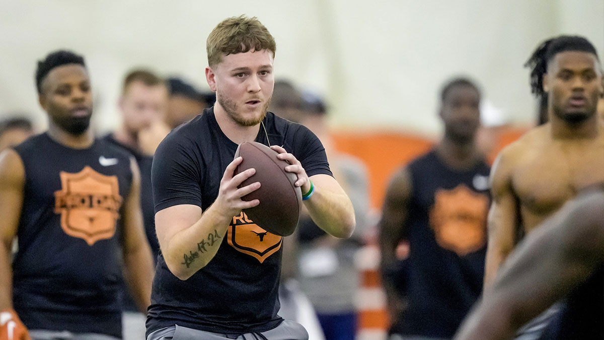 Former Longhorns Quinn Ewers looks to throw the ball during the Texas' Pro Day at the Texas Football Training Facility on Tuesday, March 25, 2025.