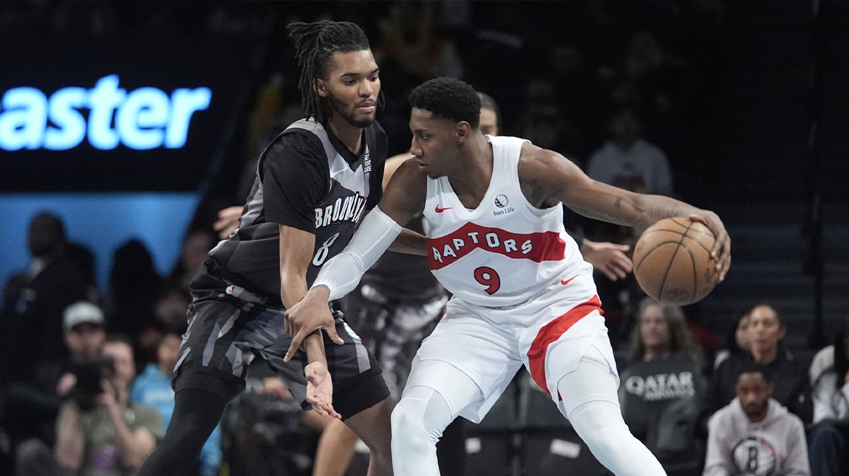 Toronto Raptors shooting guard RJ Barrett (9) dribbles the ball against Brooklyn Nets forward Ziaire Williams (8) during the second half at Barclays Center.