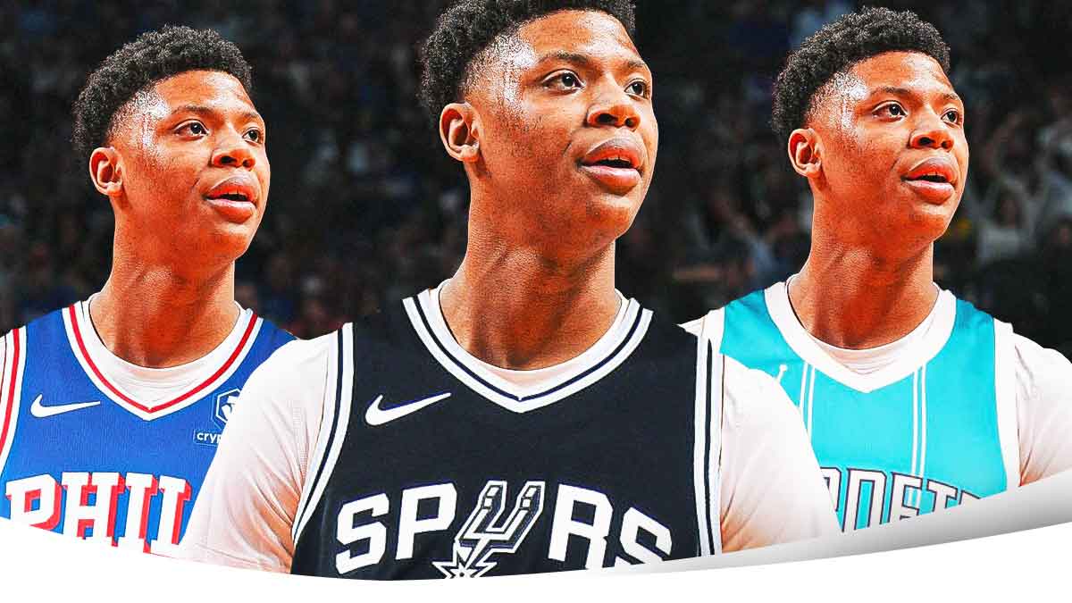 Ace Bailey in a 76ers uniform, a Spurs uniform, and a Hornets uniform